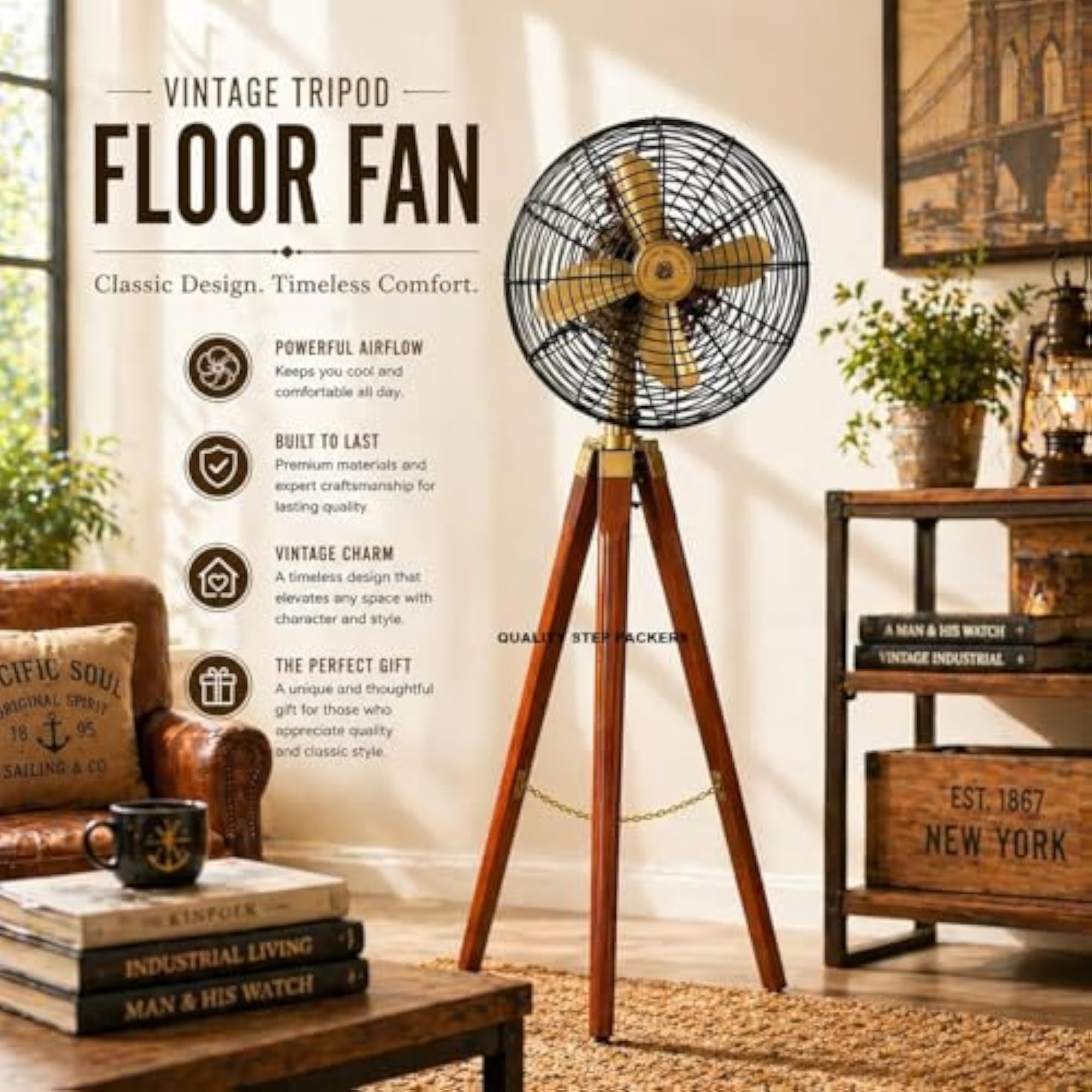 Vintage Tripod Floor Fan with Brass Accents